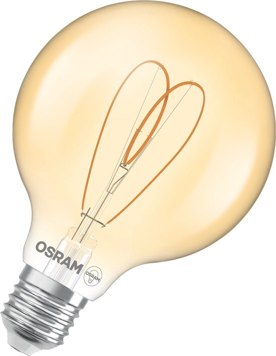 OSRAM Vintage 1906 Globe is a warm white, dimmable LED lamp in a classic ball shape with filament. It offers 4.9 W for 470 lm, E27 socket, gold-coloured glass, 95-mm diameter, 2,200 K, EEK F.