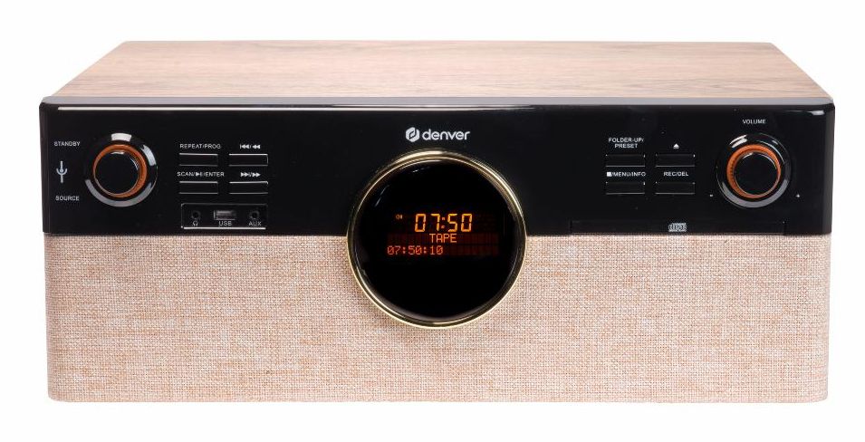 Denver MRD-180 Retro Platenspeler - Zwart, Hout - Automatisch - DAB+, FM Radio - CD - Cassette - Bluetooth - USB - 18W - Afstandsbediening