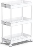 Merkloos Opbergwagen met 3 niveaus, uitschuiven van rolwagen, opbergrek op wielen, multifunctionele rekkenorganizer voor kantoor, keuken, slaapkamer, badkamer, wasruimte en dressoirs, wit