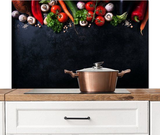 KitchenYeah Spatscherm keuken 100x65 cm - Groente - Kruiden - Specerijen - Zwart - Aluminium