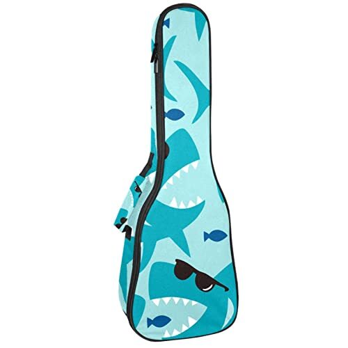 Mersov Concert Ukelele Rugzak, Heavy Duty Ukulele Case Bag met Opslag, Sopraan Concert Tenor Ukelele 10 MM Gewatteerde Tas Blauwe Haai met Zwarte Zonnebril