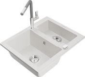 Mexen Carlos évier en granit 1,5 bac avec robinet de cuisine Flora, blanc