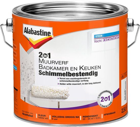 Alabastine 2 in 1 Muurverf Badkamer & Keuken - Wit - 2.5L