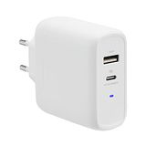 Amazon Basics GaN wandoplader met 2 poorten, 63 W, 1 USB-C poort met 45 W en 1 USB-A poort met 18 W, voor laptops, tablets en mobiele telefoons met voeding, wit (niet-PPS), 6,6 x 2,94 x 6,24 cm