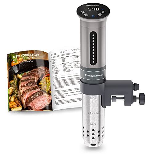 KitchenBoss Sous Vide Roner voor keuken met lage temperatuur, slow cooker professionele thermische circuit IPX7, waterdicht, timer met touchscreen, inclusief 5 vacuümzakken, zilver