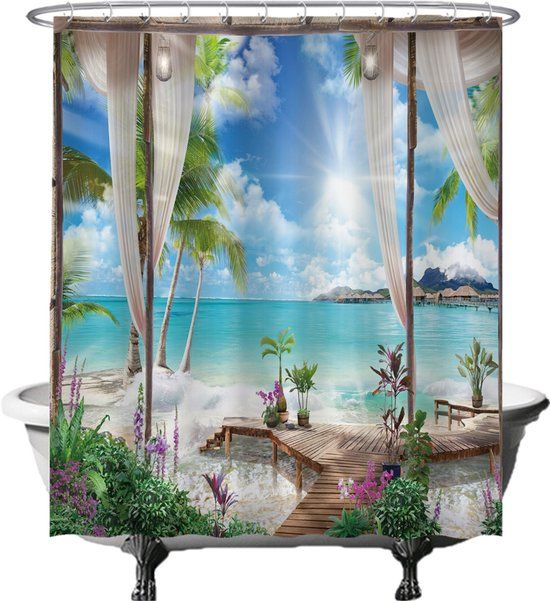 Ulticool Douchegordijn Strand Zee Natuur - 180x200cm - Blauw Wit Groen - Wasbaar - Met Ringen