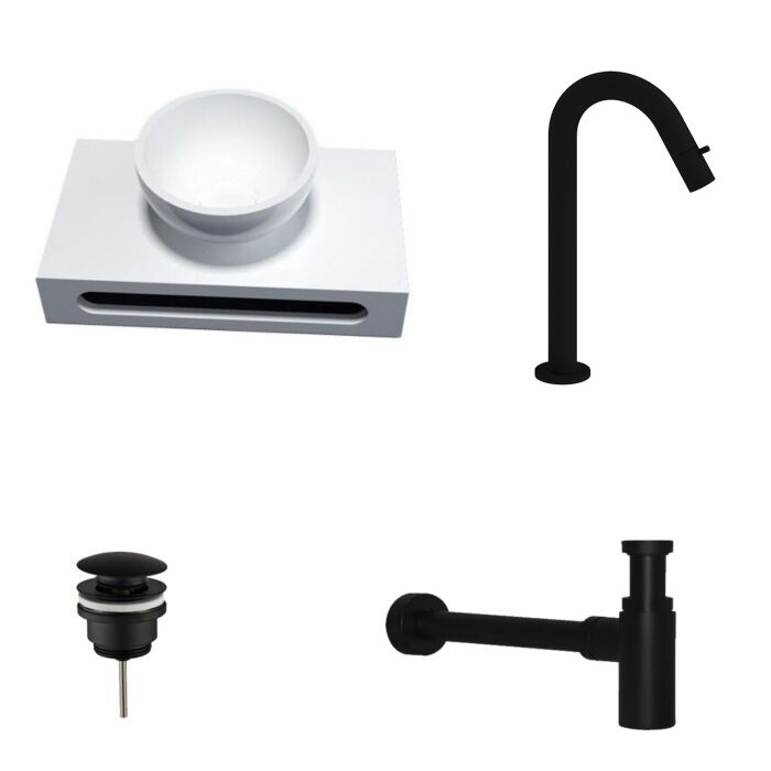 Solid Surface Waskom Rond Mat Zwart Gebogen Kraan 40x22x8 cm