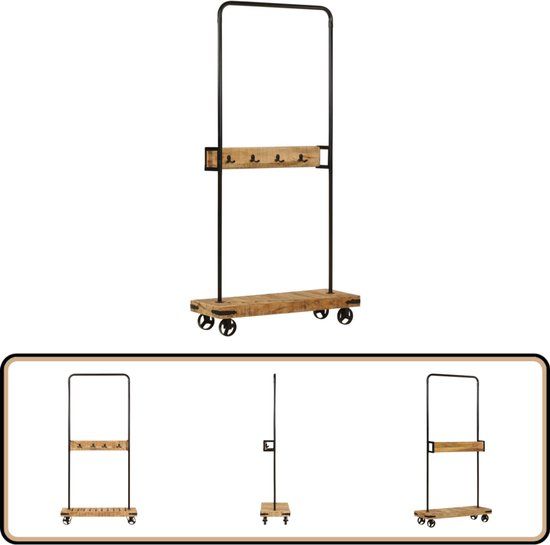 vidaXL Kledingrek met wieltjes 90x35x190 cm massief mangohout en ijzer