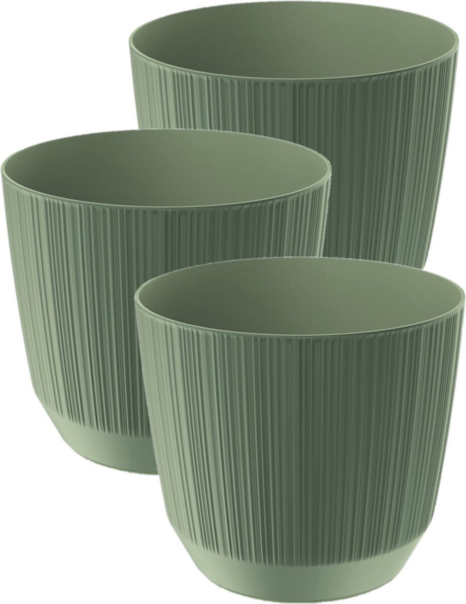 Prosperplast 3x stuks moderne carf-stripe plantenpot/bloempot kunststof dia 15 cm/hoogte 13 cm groen voor binnen/buiten