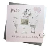 WHITE COTTON CARDS Gelukkig 30e Verjaardagskaart Nichtje Sparkly Cake & Glazen Roze SS42-NIE30