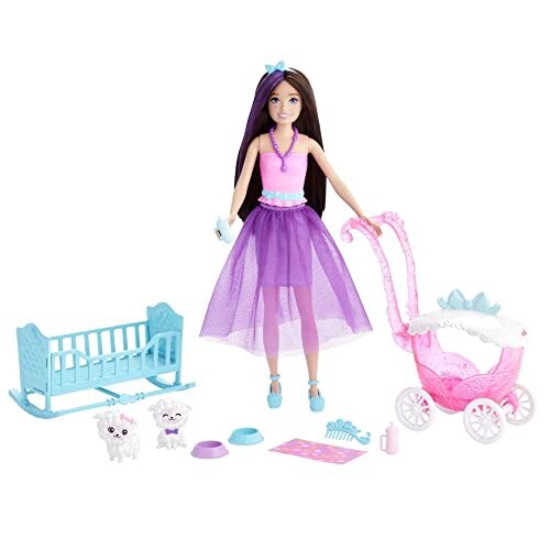 Barbie ?Skipper Pop en verzorgende speelset | Kinderspeelgoed | Brunette met fantasielook | Tutu | Baby lammetjes met wandelwagen, wieg en accessoires HLC29