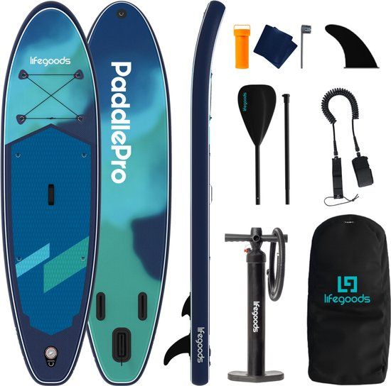 LifeGoods SUP Board Allround Compact - 100 KG Draagkracht - 300 x 76 cm - Opblaasbaar - Compleet SUP pakket - Blauw/Groen