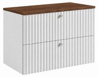 3xE living Armoire de salle de bain avec étagère, blanc + étagère chêne noyer, poignées en trois couleurs, 80 x 44,4 x 58,6 cm