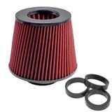 Simoni Racing FSR/UA universele tweekleurige spiraalvormige luchtfilter van katoen, rood, wasbaar, ingang 77 mm met 3 adapters 60-65-70 mm, hoogte 155 mm, verchroomde kap, voor directe afzuiging
