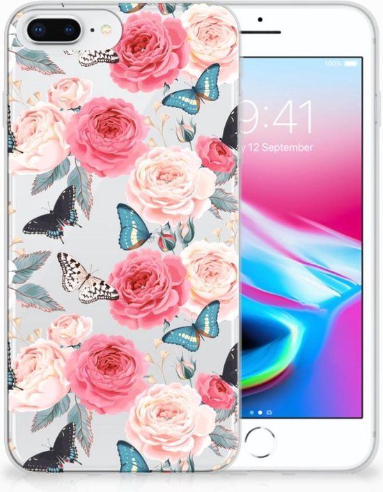 B2Ctelecom Siliconen Bumper Hoesje voor iPhone 7 Plus / 8 Plus - Butterfly Roses - TPU Back Cover