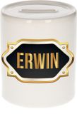 Bellatio Decorations Shoppartners Bv Spaarpot met voornaam Erwin - wit - met goud/zwart embleem - 8 x 9 cm - keramiek - met afsluitdop - cadeau verjaardag