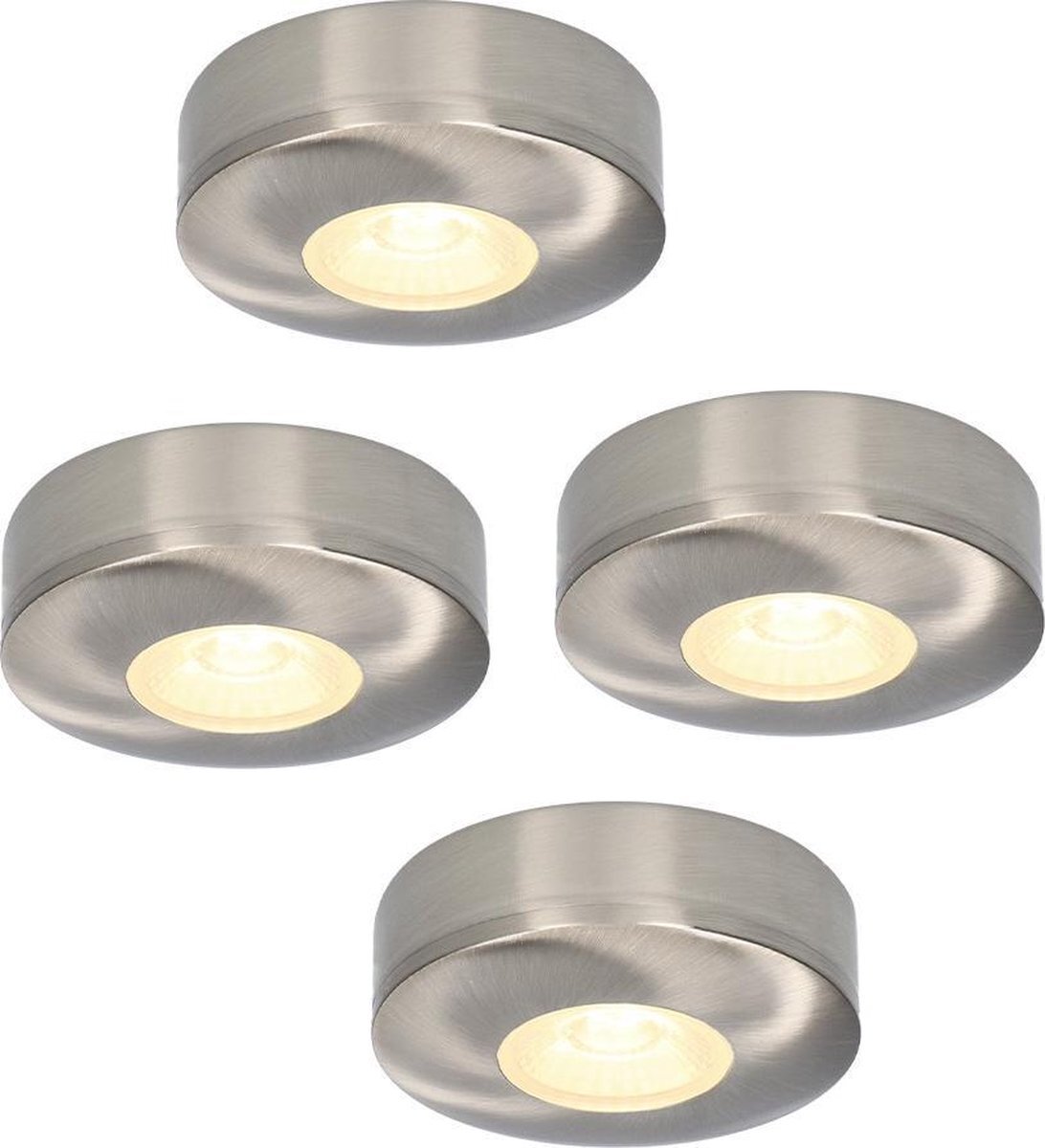 HOFTRONIC 4x Pavo - Platte opbouwspot - LED - Rond zaagmaat 53mm - RVS - Dimbaar - Zeer lage opbouwdiepte 23mm - 3 Watt - 260 lumen - 230V - 2700K Extra warm wit - Plafondspots - Dunne opbouwspot voor badkamer en buiten -