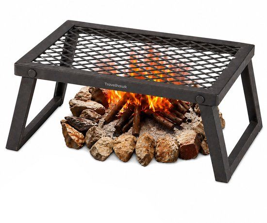 Travelhawk Opvouwbare Camping Grill - BBQ - Koken Boven Open Vuur - Camping accessoires barbecue - Grillen - Gelegerd Staal - Zwart