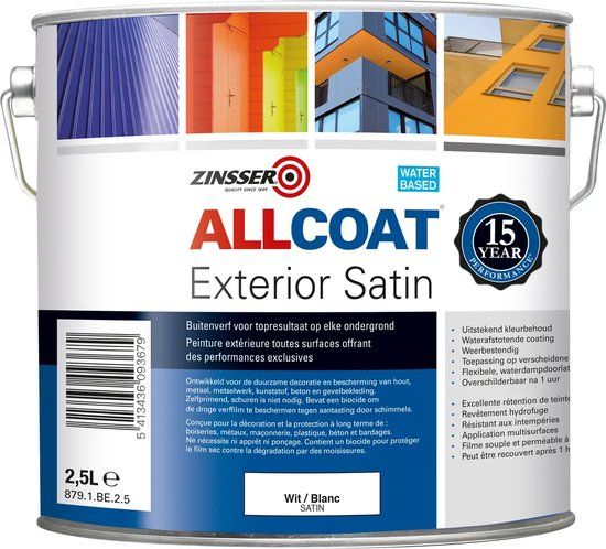 Zinsser Allcoat Exterior Satin Muurverf Zijdeglans Neutraal 2,5L