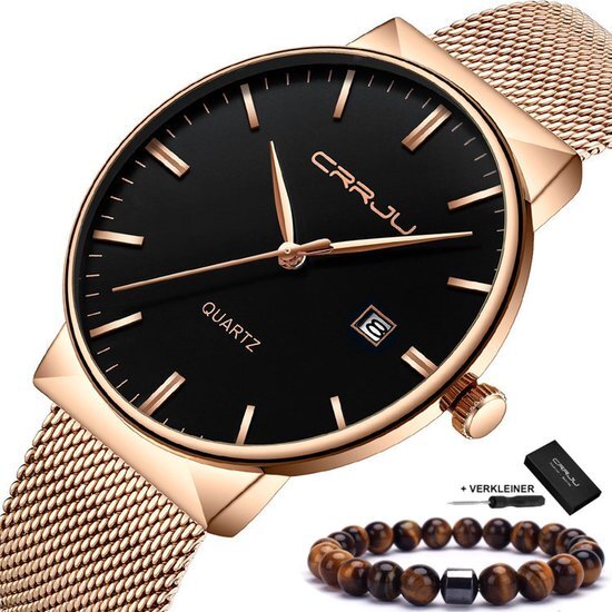 CRRJU Quartz Horloge Unisex - Casual Roestvrij Staal - Heren Horloge - Dames Horloge - Waterdicht - Quick Release Bevestiging - Cadeau Giftbox - Rose Black Design - Ã˜ 40 mm -