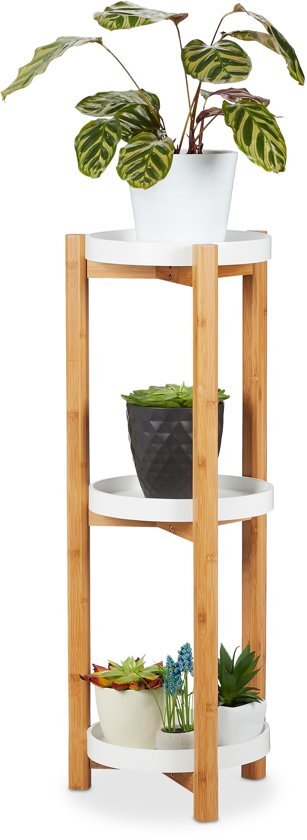 Relaxdays plantentafel 3 etages - bamboe - rond - moderne plantenrek - bijzettafel hout