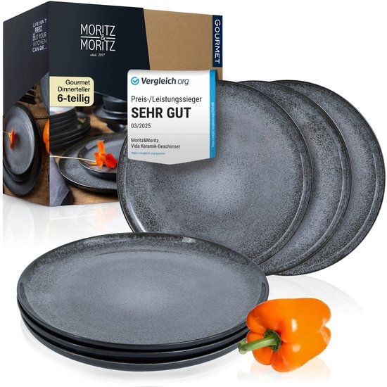 Moritz & Moritz VIDA 6-delige Dinerborden Set - Antraciet Porselein Borden 27cm