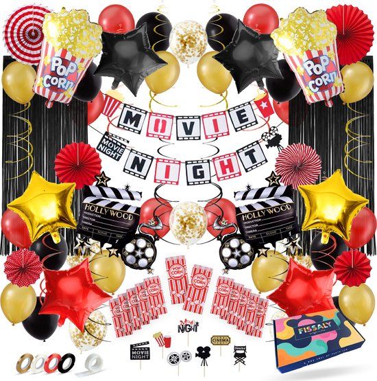 Fissaly Filmavond & Bioscoop Feest Versiering - 87 Stuks - Popcorn & Movie Night Decoratie - Themafeest - Ballonnen