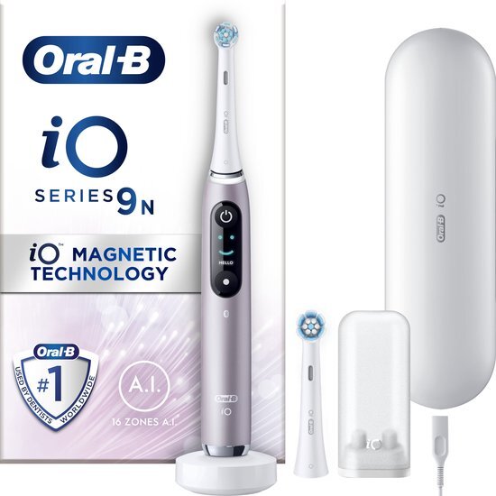 Oral-B iO 9N elektrische borstel, rozenkwarts, met 2 koppen en 1 etui, ontworpen in bruin