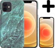 LUQ Case for iPhone 12 Mini - Marble Design - Green - Back Cover with Screen Protector