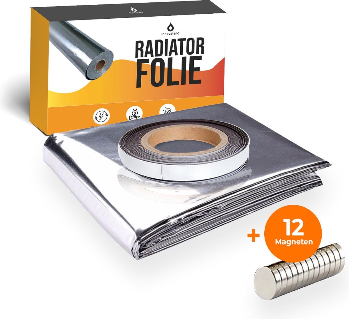 InnovaLand Radiatorfolie 500cm x 50cm - Met 12 Magneten + Magneettape - Radiator Reflecterende Folie - Dubbele Isolatie - Radiatorfolie Met Magneet - Isolatiefolie
