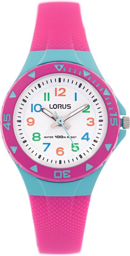 Lorus Young R2351MX9 Unisex Watch - Pink Rubber Strap, Blue Case, White Dial - 28mm