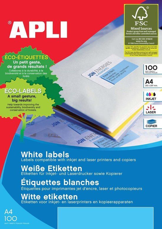 APLI Labels Round corners 199.6 x 289.1mm etiket Wit 100 stuk(s)