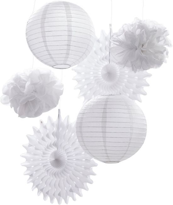 Ginger Ray Hangende feestdecoratie kit Lampionnen Waaiers Pompoms Wit
