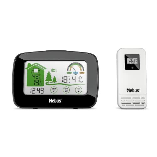 Mebus Draadloos weerstation met buitensensor, thermometer/hygrometer (binnen/buiten), feel-good indicator beoordeeld binnenklimaat, min-/max-functie, displayverlichting, klok, kleur: zwart, model: 40902