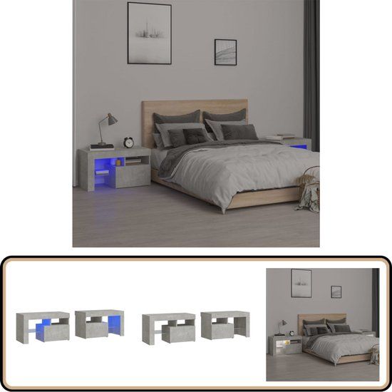vidaXL Nachtkastjes - Set van 2 - met LED-verlichting - Betongrijs