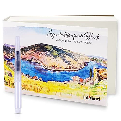 int!rend Aquarelpapier, 300 g, DIN A6, 60 vellen, wit, gelijmd, aquarelpapierblok, Watercolour Paper Pad, incl. watertankborstel, twee penselen, potlood - schilderpad papier voor tekenen, schilderen