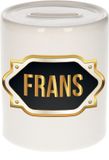 Bellatio Decorations Spaarpot met voornaam Frans - wit - met goud/zwart embleem - 8 x 9 cm - keramiek - met afsluitdop - cadeau verjaardag