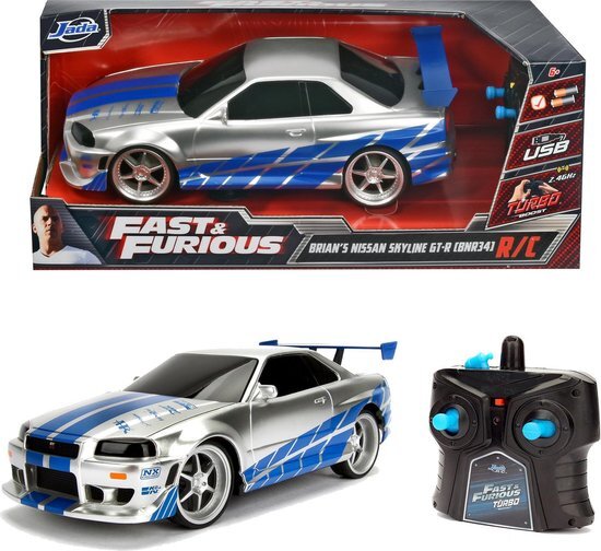 Jada Toys Fast & Furious RC-Auto, 2002 Nissan Skyline GT-R, R34, afstandsbediening auto, turbofunctie, 2-kanaals afstandsbediening, USB-oplaadfunctie, incl. batterijen, 1:16, blauw/zilver