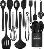 STILVORA 12-delige Keukengerei Set met Ronde Houder, Anti-Krab Silicone Kookgerei, Zwart