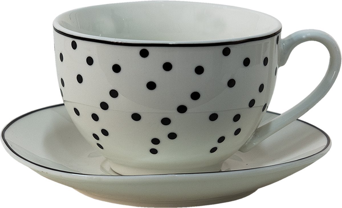 Clayre & Eef Kop en schotel 238 ml Wit, Zwart Porselein Bolletjes Servies Koffie Cappuccino