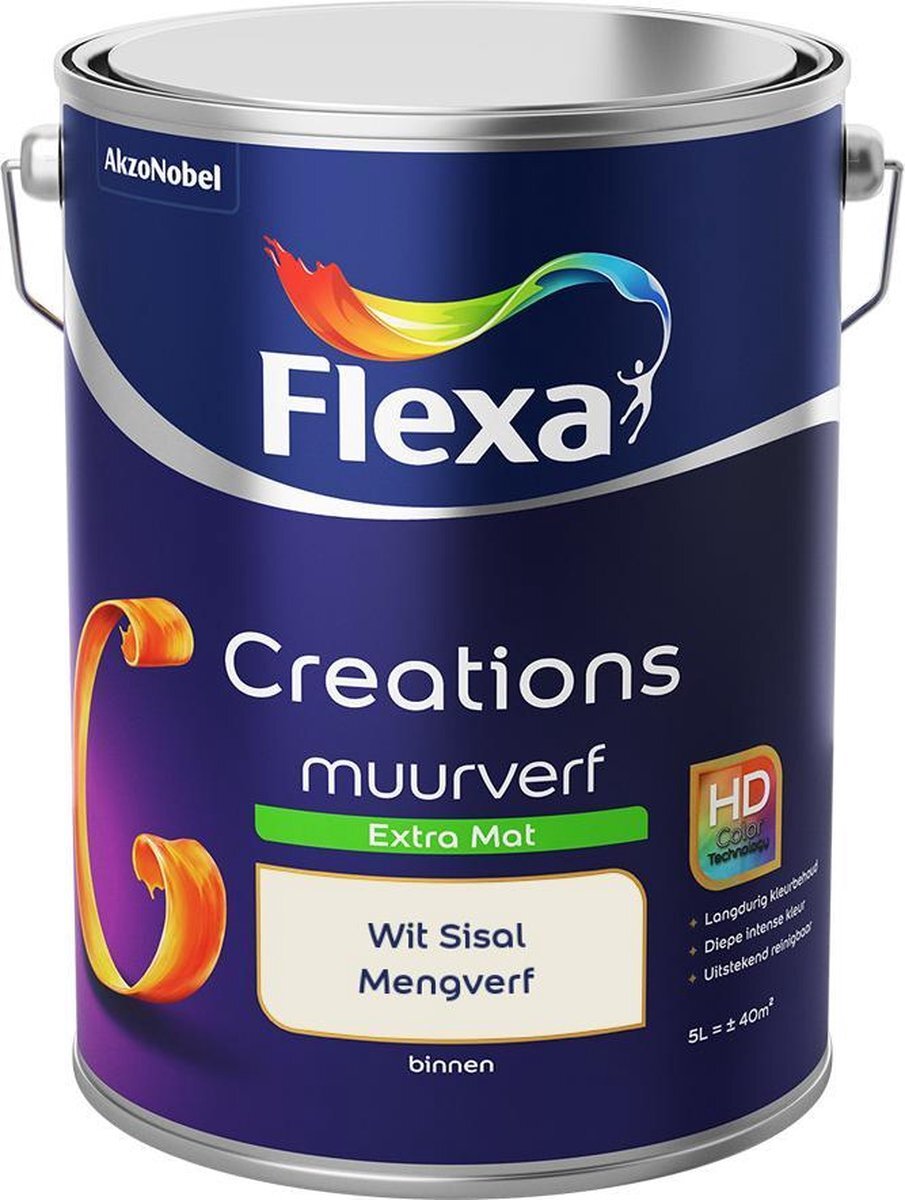 FLEXA Creations Muurverf - Extra Mat - Mengkleuren Collectie - Wit Sisal - 5 liter