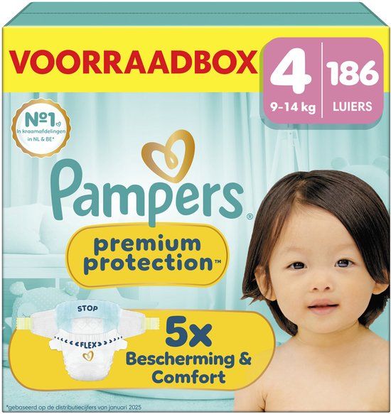 Pampers Premium Protection Maat 4 - 186 Luiers - 9kg-14kg - Voorraadbox