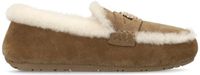 Manfield - Dames - Taupe suède pantoffels met bontrand - Maat 36