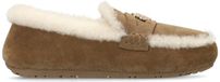 Manfield - Dames - Taupe suède pantoffels met bontrand - Maat 36