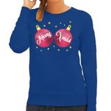 Bellatio Decorations Foute kersttrui sweater - voor dames - blauw - met roze Merry Xmas ballen - kerstkleding - lange mouwen XL