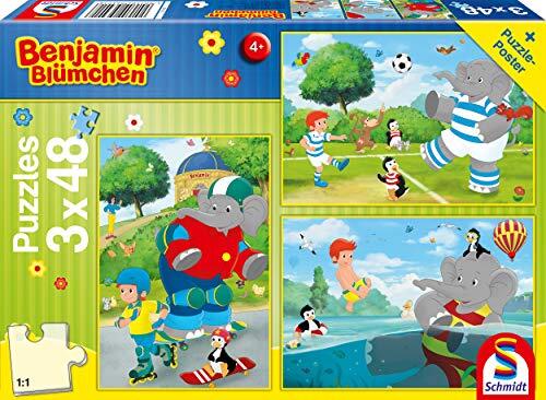 Schmidt Spiele GmbH Sport und Spiel mit Törööö!, 3x48 Teile: Kinderpuzzle Benjamin Blümchen 3x48 Teile