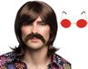 Boland Hippie Sixties set - Pruik lang haar en plaksnor bruin - bril rood met ronde glazen - heren - Flower Power look