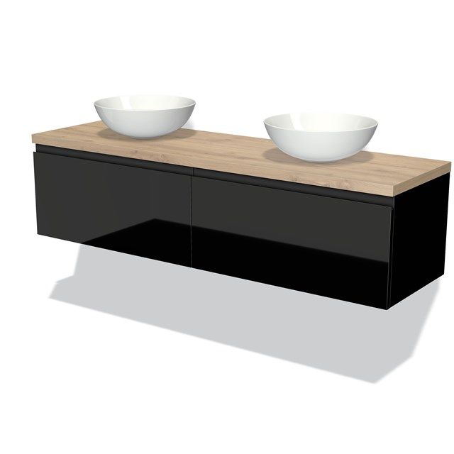 Maxaro Badkamermeubel voor Waskom 160cm Modulo Plato Hoogglans Zwart 2 Lades Greeploos Lichtbruin Eiken Blad
