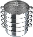 Four à vapeur en acier inoxydable - cuiseur vapeur 5 couches - 30 cm de diamètre - compartiments empilables - couvercle en verre - 15 kg par niveau - couleur argent