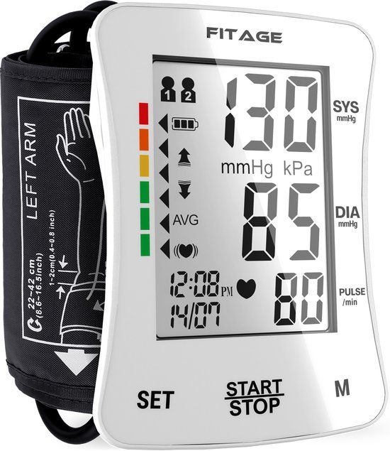 FITAGE Medische Bloeddrukmeter Bovenarm - Bloeddrukmeters - Hartslagmeter - Blood Pressure Monitor - Manchet 22-42cm - WIT